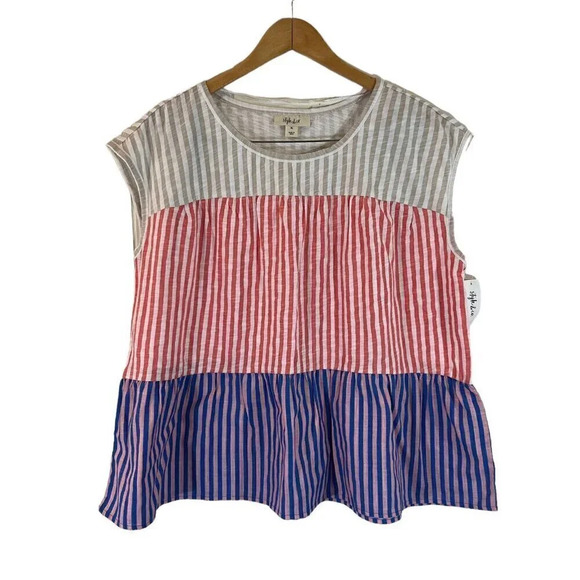Style & Co. Blouse XL NWT $44.50 Multicolor Striped Pattern Babydoll Swing Fit - Picture 1 of 7